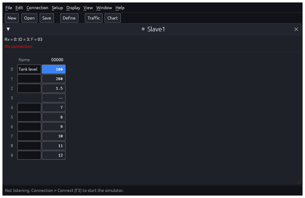 Sykel Modbus Simulator with a grid of simulated values.