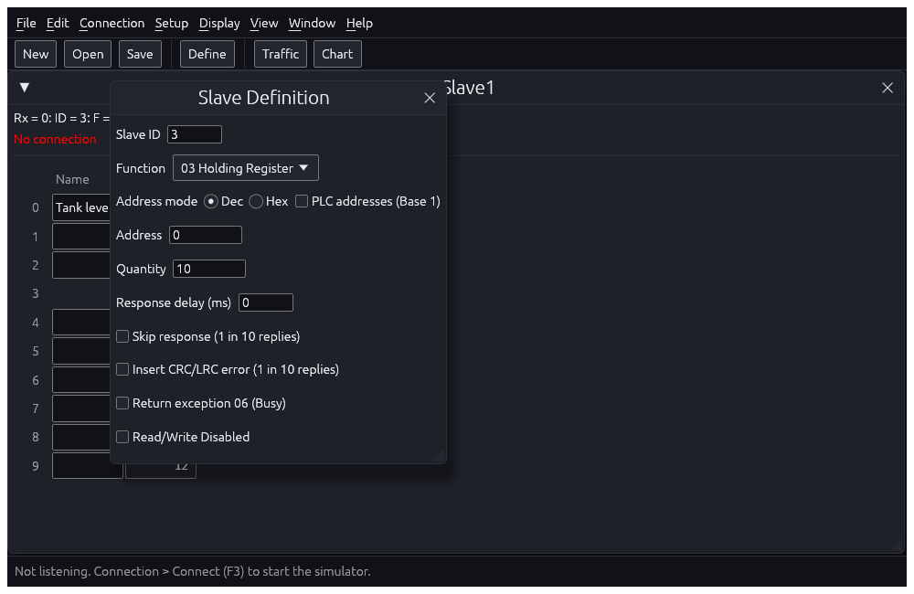 Sykel Modbus Simulator interface relevant to .msw files.