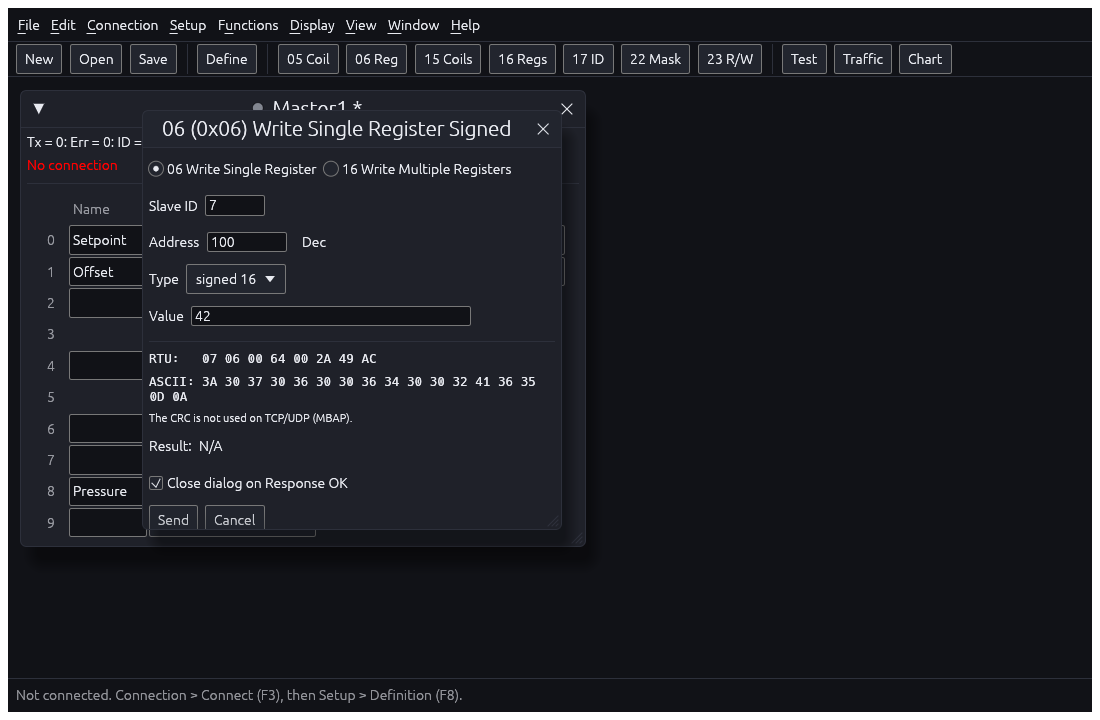 Sykel Modbus Simulator showing editable register values in a device grid.